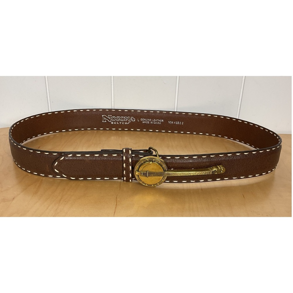 VTG Baron Buckle Brass Banjo 1978 Nocona Brown Leather White Trim 1 1/2" Wide LG - Picture 2 of 6
